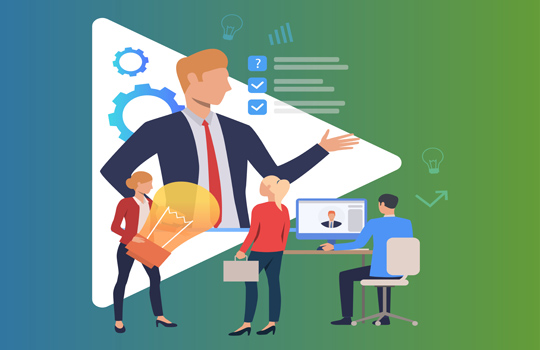 Boss giving direction and people working. Leader, idea, business goals. Business concept. Vector illustration for poster, presentation, new project
